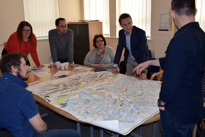 Partnership chair, Kevin Peacock (right), explained to us Clubmoor’s journey so far. Also in the picture are Gordon Dinn (left) from Liverpool Pallet Designs, Sian Jay, the Big Local rep and Jeremy Yung from Local Trust.