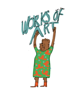 A drawing of a woman putting up works of art