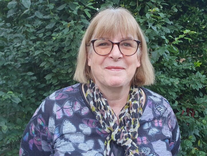 Val Fendley outside wearing blue top