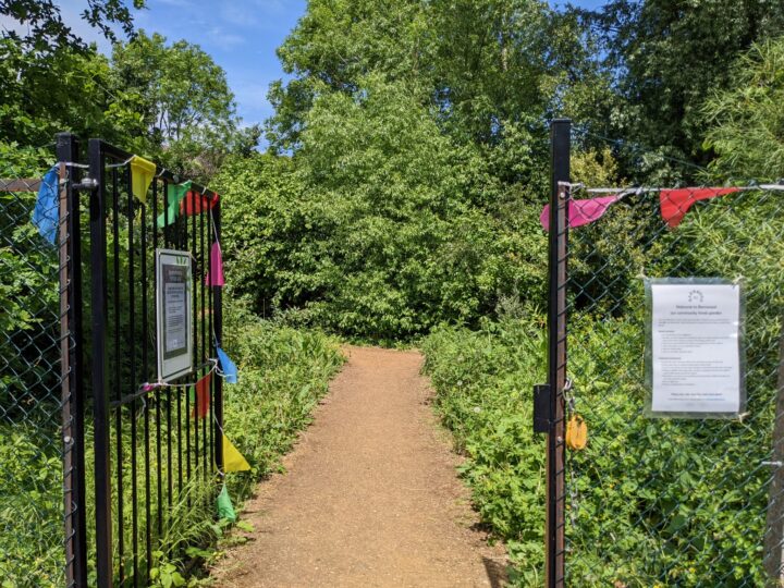 Black metal railing and gate opens into a bright green garden with plants and trees on either side of a paved footpath. Colourful bunting is hung on either side of the entrance.